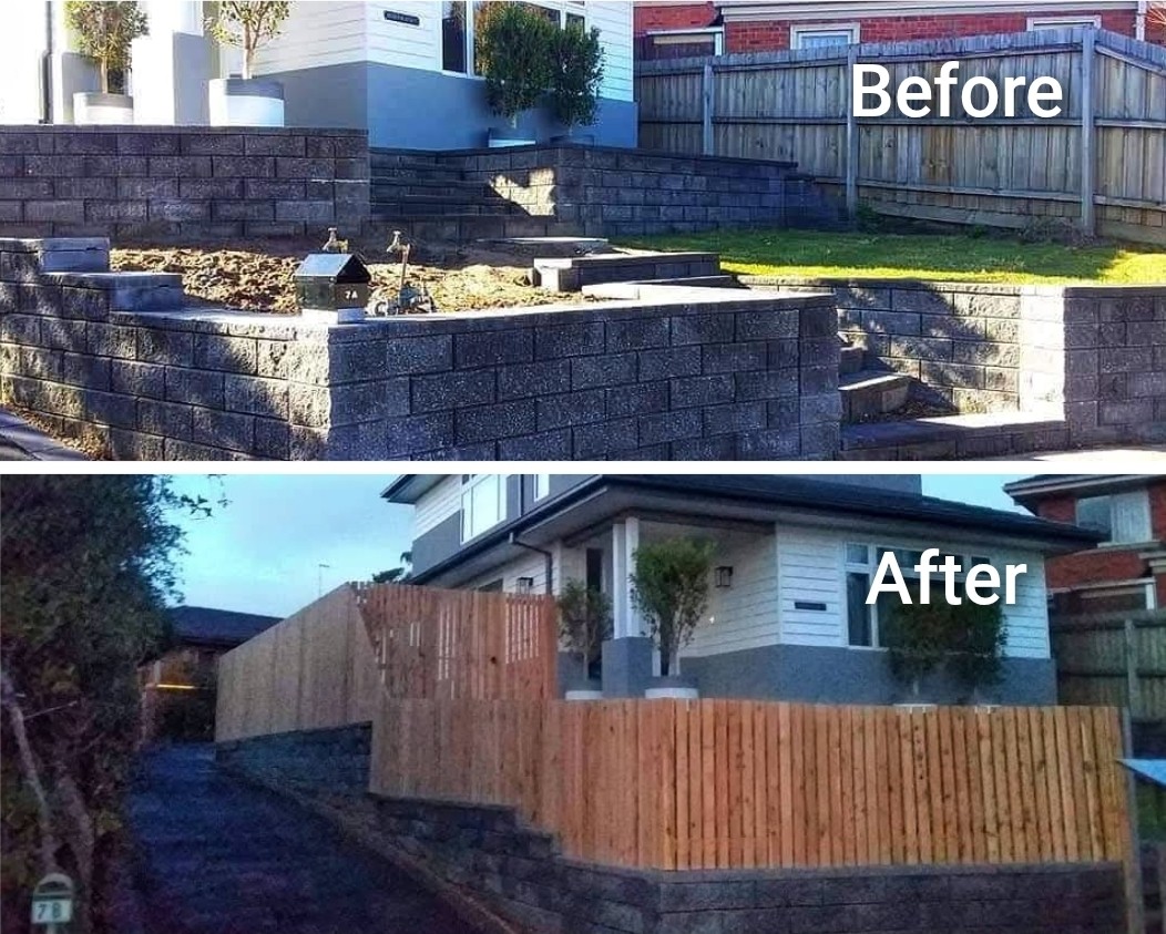 Before and after picket fence replacement by Mordy Fencing